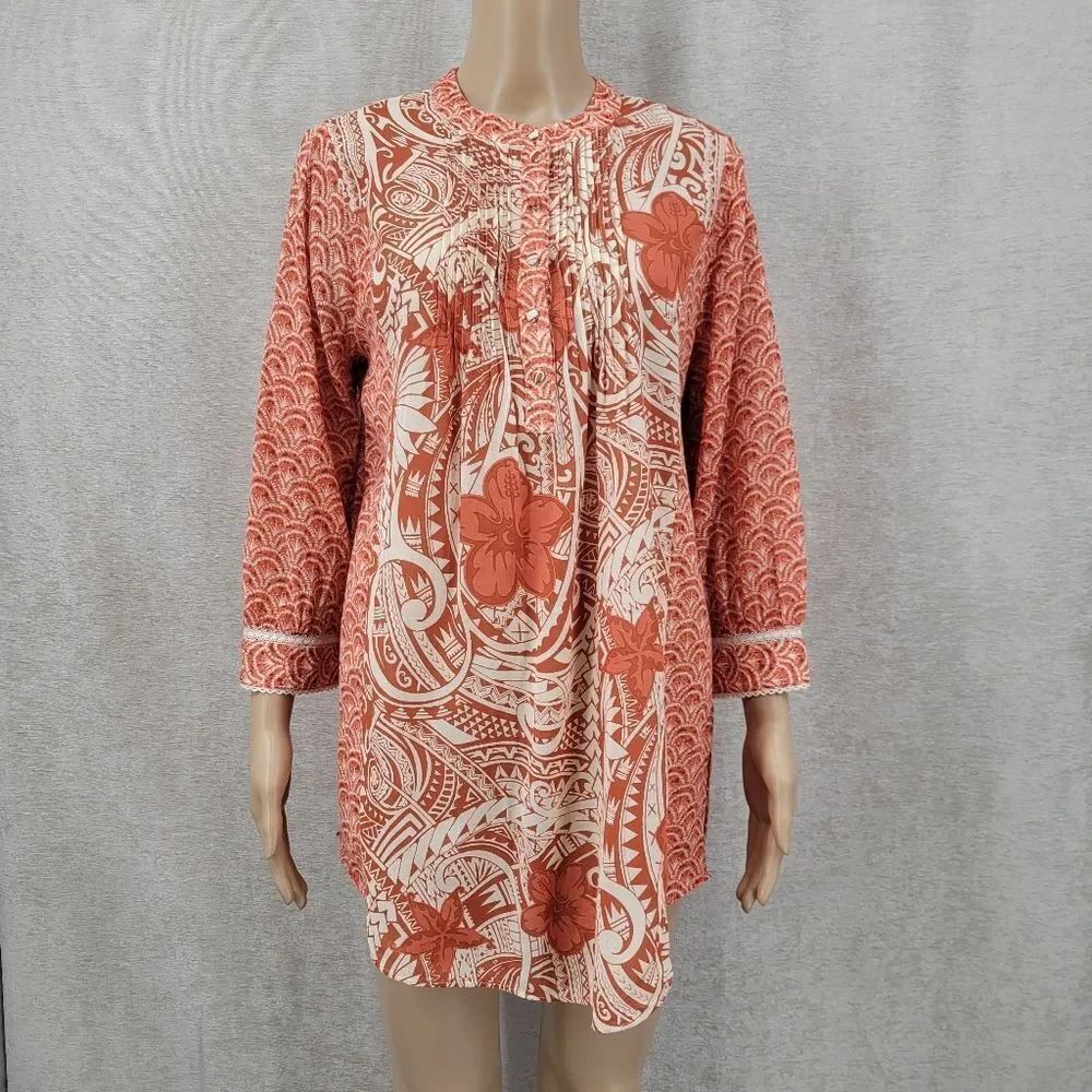 Soft Surroundings Floral Patterned 3/4 Sleeve Tunic Rust Terracotta and Cream
